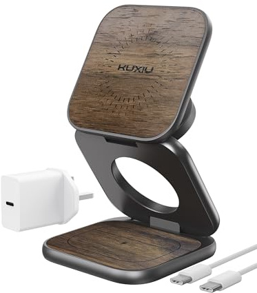 KU XIU X40 Turbo Qi2.2 25W Station de Charge sans Fil Magnétique, Chargeur 3 en 1 Pliable pour iPhone Série 17–12/Air, 5W pour iWatch Série 11–4/Ultra/SE & AirPods, Aluminium - Motif Bois