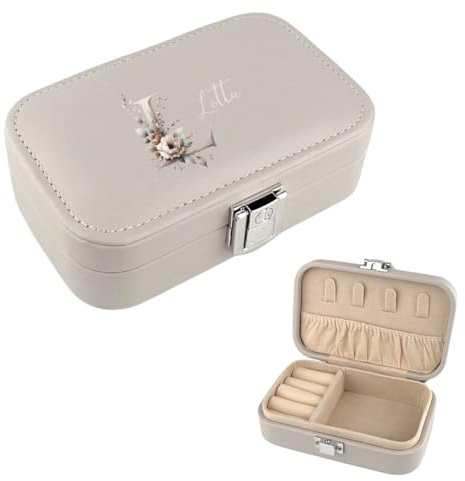 AWASG Schmuckkästchen personalisiert klein, Schmuckbox Reise Damen Mädchen, Schmuckschatulle Schmuckaufbewahrung mit floralem Buchstabe Name S (12 x 7,5 x 4 cm) grau
