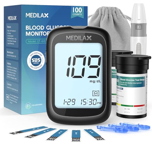 Medilax Blood Glucose Monitor Kit, Blood Sugar Testing Kit with 100 Test Strips, 100 Lancets, Glucometer and Lancing Device, 500 Memories & No Coding & Large Display Glucose Monitor for Home Use