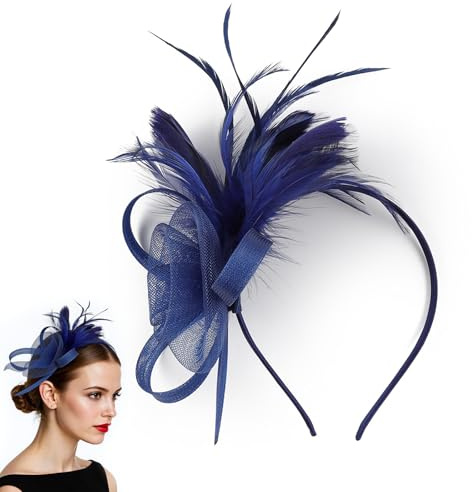 Chersun Navy Fascinators for Women, Elegant Net Navy Fascinator Wedding Hat Clip, Vintage Lace Feather Blue Fascinators for Weddings, Blue Fascinator for Wedding Cocktail Evening Garden Tea Party