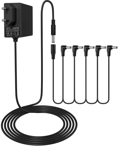 9V Netzteil für Gitarren Pedale mit 5 Wege Daisy Chain Kabeln, 1A DC Netzadapter für Boss Gitarreneffekte Elektrische Klaviertastatur, Zoom, Casio Keyboards, Behringer,Netzadapter Center Negative