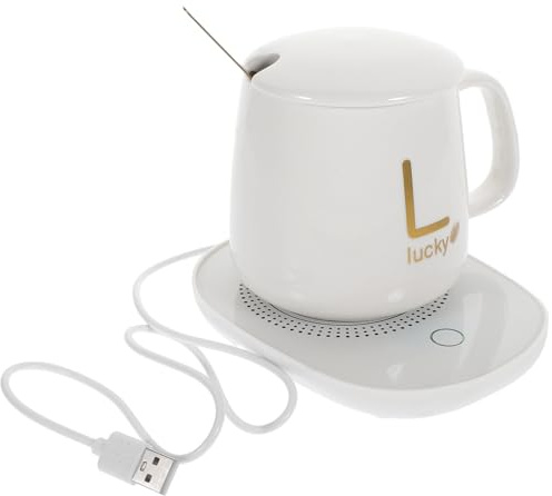 BEBEMOKO USB 55℃ Thermostat Mug Warmer with Gravity Sensor, Milk and Coffee Cup Heater for Babies, Cream White Ceramic Heating Coaster for Office and Home Use