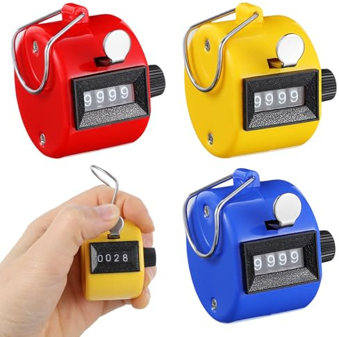 Larrel 4-Digit Hand Counter Clicker, 3 Pcs Portable Lightweight Clickers for Counting, Finger Counter Clicker for Sports Coaching, Knitting, Inventory, People Counting(Red, Yellow, Blue)