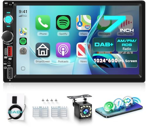 DAB Double Din Car Stereo with Apple Carplay Wireless Android Auto AM/FM/RDS, Hodozzy 7 HD IPS Touchscreen 2 Din Car Radio with Bluetooth 5.2 EQ SWC Reversing Camera+USB/TF Card/Aux/Type-C