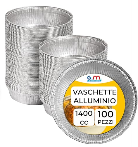 GM 100 Vaschette Alluminio 1400 cc Rotonde Ø 20,8 x 5,7 cm, Contenitori per Asporto, Gastronomia e Rosticceria, Ideali per Alimenti Caldi e Preparazioni Pronte
