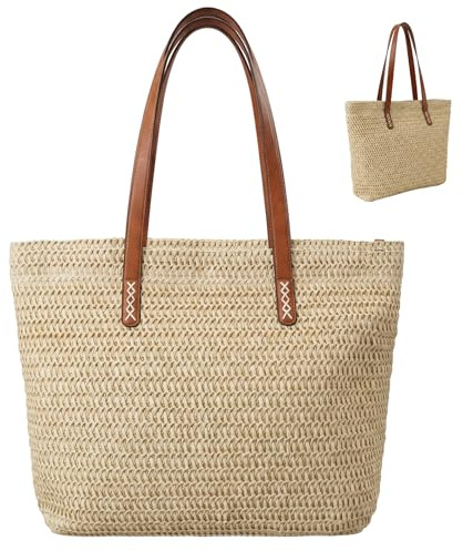 Nicole Brown Straw Beach Bag for Women – Large Woven Tote Bag with Zip Closure & Interior Pocket, Lightweight Summer Shoulder Bag for Beach, Holiday, Shopping & Travel – Natural/Tan