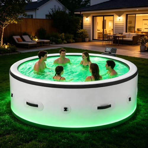 Spa de jardin plein air Résistant à l'hiver SPA plein air Gonflable -4- 6 personnes, matériau Matière PVC Étanche robuste, gonflage rapide, hydromassage bien-être，Rond 81,1×27,9 Pouces, 455 Gallons