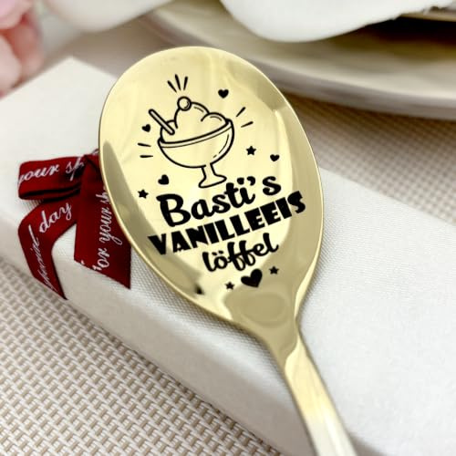 Eislöffel personalisiert mit Gravur - Premium Eiscremelöffel Zweifarbig Silber Gold - Dessertlöffel individuell mit Namen - Kaffeelöffel personalisiertes Geschenk Geburtstag Frauen Männer