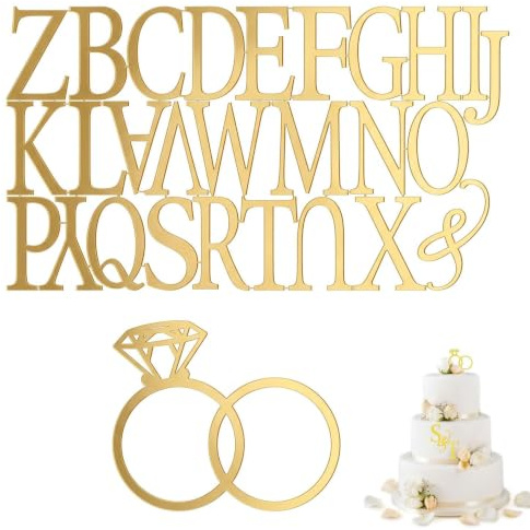 RDASGA Topper de Tarta de Boda de Anillo de Diamantes con 26 Letras Decorativas, Decoración Tarta Boda Personalizada para Novios, Figuras y Muñecos para Pastel de Compromiso y Aniversario