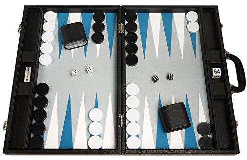 Silverman & Co. 40 cm Backgammon Set – Blaues Kunstleder-Backgammon Koffer, graues Filzfeld, weiße und Blaue Punkte, inkl. Spielsteine, Würfel und Doubling Cube – Tragbar für Zuhause oder Reisen.