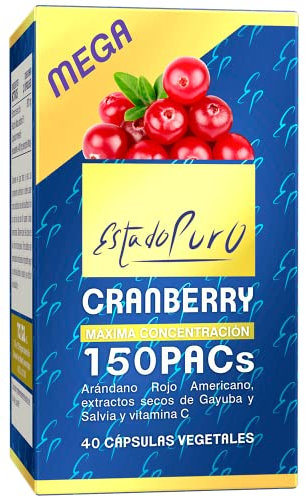 Cranberry Mega 150 PACs Estado Puro - Extracto Patentado de Arándano Rojo Americano x50 Veces Concentrado con Gayuba, Salvia y Vitamina C - 40 Cápsulas Veganas de Tongil