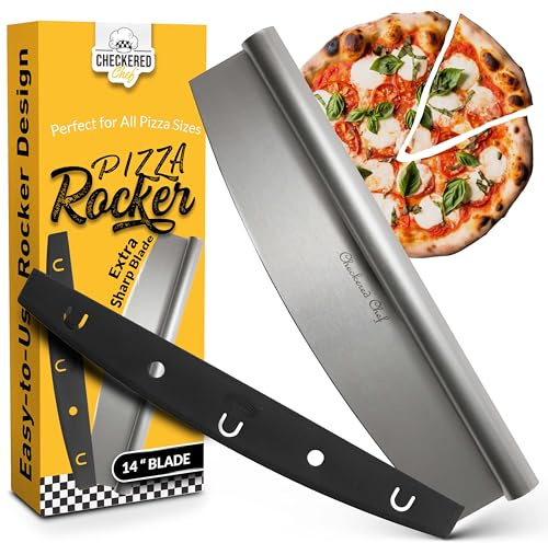 Checkered Chef Pizza Cutter Rocker Blade 14 - Sharp Stainless Steel Rocker Knife with Plastic Blade Sheath, Dishwasher Safe, Outdoor Pizza Oven Accessories