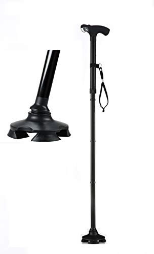 Short Self-Standing Cane With 4 Feet and Light - Best Walking Cane As Seen On TV - Foldable, Adjustable With Wrist Strap - Black