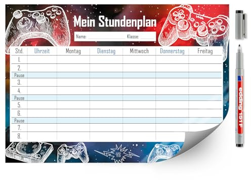 younikat Stundenplan abwischbar selbstklebend Gaming - DIN A4 - dv1145 | Wiederbeschreibbar, Digitaldruck, Whiteboard-Oberfläche, selbstklebende Rückseite, zum Schulanfang, inkl. Stift