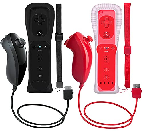 ZeroStory 2 confezioni di controller wireless e Nunchuck per Wii e Wii U Console, Gamepad con custodia in silicone e cinturino da polso (nero e rosso)