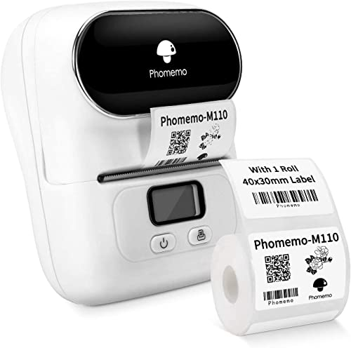 Phomemo Etikettendrucker Bluetooth M110 Beschriftungsgerät Selbstklebend Barcode Etikettendrucker für Unternehmen Adresse,Einzelhandel und Büro kleine,Tragbarer Label Printer für Telefonen & PC,Weiß