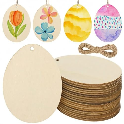 PRETYZOOM 20 Stück Ostern Holzanhänger zum Bemalen, Unbemalte Ostereier mit Schnur, DIY Ostern Basteln Holz Anhänger für Kinder, Osterbaum Deko