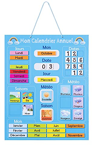 Navaris Kalender Tafel für Kinder - Lerntafel Jahreszeiten Uhr - Magnet Spiel Lernuhr - Kinderkalender Jahreskalender magnetisch blau - französisch