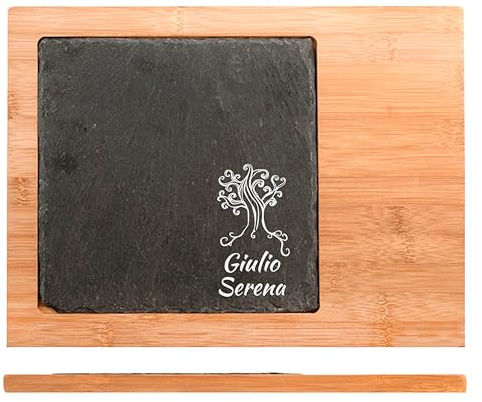 MASTERLASER3.0 Tagliere in legno bambù con piatto in ardesia personalizzato, Set 2 pezzi, 33 x 25 x 1 cm Personalizzabile con Nome, Iniziali e Data. Migliore Idea Regalo (NOMI)