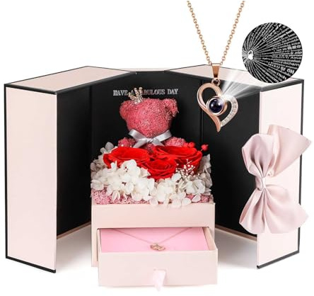 ADDWel Cadeau Anniversaire Femme Original, Rose Eternelle avec Bijoux avec Collier Je t'aime en 100 Langues, Fête des Mères, Rose Fleur Eternelle Anniversaire Cadeau Maman, Copine, Petite Amie