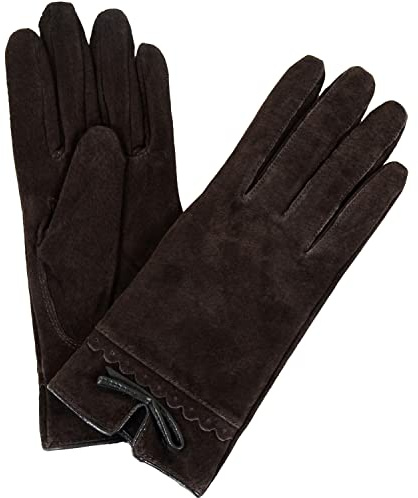 Damen-Handschuhe aus Wildleder mit Fleece-Futter und Schleife, braun, Medium