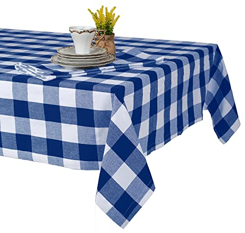 Tovaglia da tavolo in cotone da 140 x 240 cm, robusta, in tessuto lavabile da 220 g/m², a quadretti blu