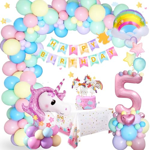 5 Jahre Geburtstagsdeko Mädchen Einhorn Deko Kinder, 5.Geburtstag Deko Geburtstagsdeko Einhorn mit 70inch 3D Einhorn Ballon, Happy Birthday Einhorn Girlanden für Mädchen Tochter Einhorn Party Deko