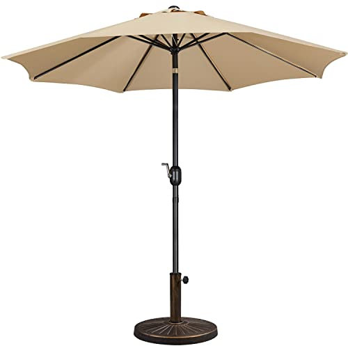 Yaheetech 2.7m Garden Parasol Umbrella Patio Table Umbrella Outdoor Tilting Crank & Handle Parasol with 10kg Resin Base Stand - Tan