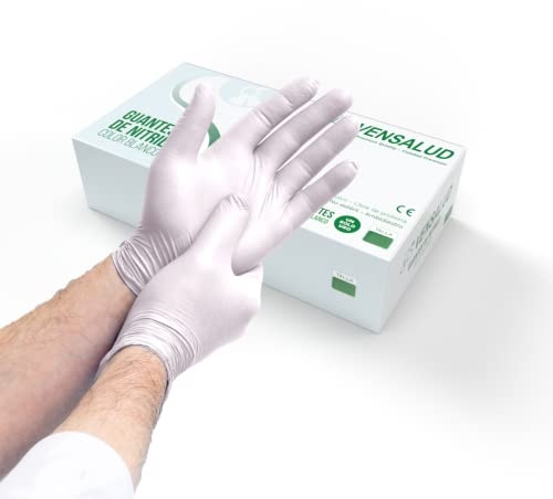 VENSALUD | Einweghandschuhe aus NITRIL | Staubfrei | Widerstandsfähig | Für Labore, Sanitär, Küche, Tattoo Studios, Tierarzt, Reinigung | Latexfrei | 100 Stk. | Weiß | Größe XL