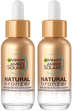 Garnier Ambre Solaire Natural Bronzer Gocce Viso Autoabbronzanti con Attivo Abbronzante di Origine Vegetale Formula Vegan Senza Profumo con Acido Ialuronico ed Acqua di Cocco - 2 Flaconi da 30ml