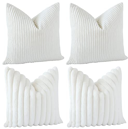 JOTOM Lot de 4 Housses de Coussins en Velours CôTelé Rayé 45x45 cm Taies d'oreiller en Fausse Fourrure pour Canapé Housse d'oreiller Décorative CarréEs pour Le Lit Décoration (45x45cm, Beige Blanc)