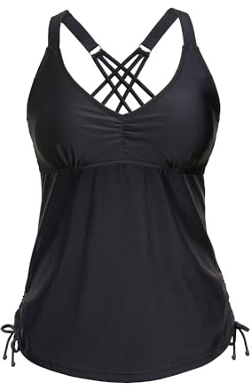 Tempt Me Women Black Tankini Top Only V Neck Swim Tops Tummy Control Bathing Suit Top No Bottom L