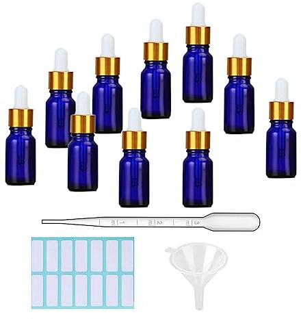 SKYPRO 10 Stück blaue Glas-Tropfflaschen mit 1 Trichter & 1 Pipette & 14 Stück/Blatt kleine Flaschenaufkleber 10 ml Glasflaschen für ätherische Öle, Flüssigkeiten – Goldene Abdeckung