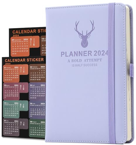Akademischer Terminkalender 2024, Tageskalender 2024 von Januar 2024 bis Dezember 2024, Hardcover A5, Tagesplaner mit Stiftschlaufe, Lesezeichen, Monatsaufklebern, Innentasche, 14 x 21,5 cm (lila)