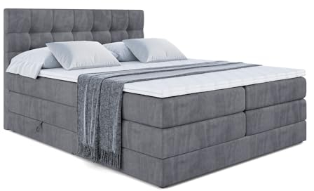 ALTDECOR Boxspringbett mit Matratze und Lattenrost, Topper, Polsterbett mit Bettkasten, Bett mit Stauraum H3- und H4- Matratze, Doppelbett, Springboxbett BERO King 180x200 - Dunkelgrau Samt