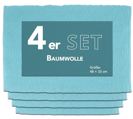 Como Platzmatte 4er Set hellblau, Platzset aus Baumwolle, strapazierfähig, hitzebeständig, abwaschbar, rutschfest, Platzdeckchen 48x33 cm