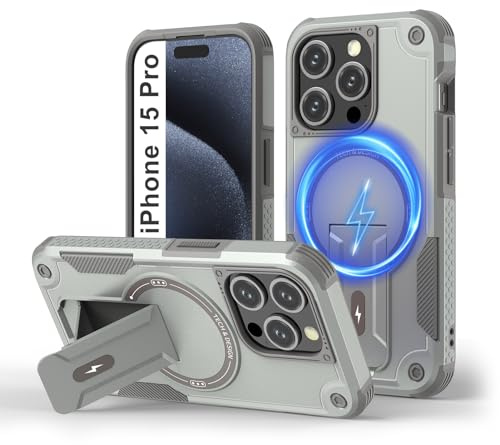 Tuvror Cover Magnetica per iPhone 15 Pro [Compatibile con MagSafe] supporto Integrato, Supporto Protezione Militare Anticaduta, Cover Robusta Antishock per iPhone 15 Pro, Grigio