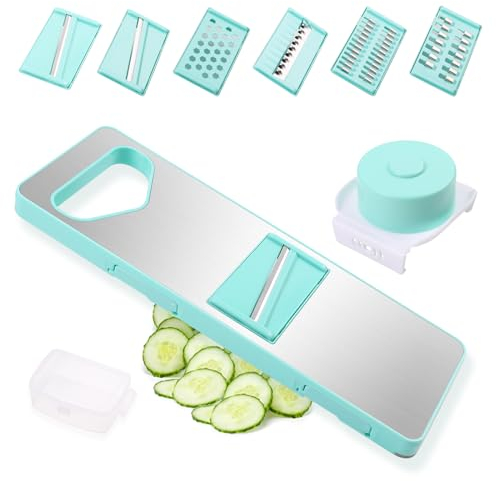Yiomxhi Mandolina de Cocina Profesional, Cortador de Verdura Manual Multifuncional de Acero Inoxidable, Rallador de Cebollas con 6 Cuchillas para Zanahoria Pepino Frutas