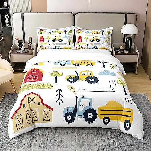 Loussiesd Traktor Bettwäsche Bauernhof Traktor Bettwäsche für Kinder Jungen LKW Auto 100% Baumwolle Bettwäsche Set 135x200cm Harvester Bauernhaus Karton Bettwäsche mit 1 Kissenbezüge
