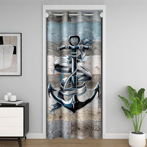 Vintage Anker Tür Vorhang für Tür Privatsphäre 106x203cm,Sea Hunting Verdunkelungs Vorhang für Mann,Retro Grunge Holz Plank Türvorhang,Schwarze Spinne Web Raum Divider Vorhang