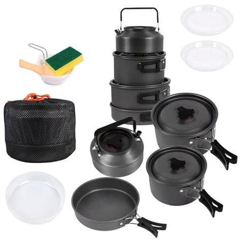 Outdoor Kochgeschirr Set 4-5 Personen Camping Topf Pfanne Set Camping Geschirr Set Mit Camping Topf Camping Bratpfanne Und Teekannen Für Picknick Wandern Kochen,Black