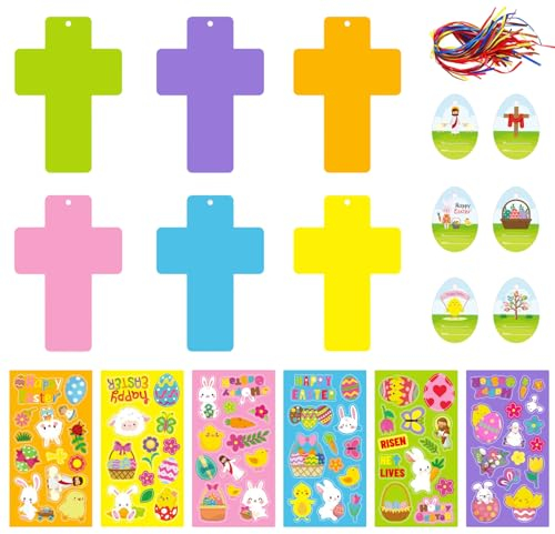 LARUISEE Osterkarten-Dekorationsset mit bunten Karten, Oster-Aufkleber-Bänder, perfekt für Grüße, 120 Stück/Set, Oster-Szene, Kartenherstellung