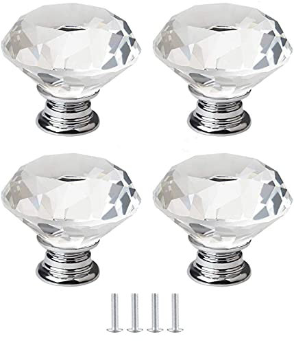SFNIOKFG 4 Pcs Door Knob Premium Quality 40MM Clear Crystal Glass Diamond Cut Door Knobs Kitchen Cabinet Drawer knobs+Screw Home Decorating
