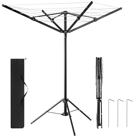 4 Arm Rotary Washing Line 16m Freestanding Portable Rotary Airer, Camping Washing Line with 3 Stable Legs Foldable Airer Dryer with Carry Bag Clothes Airer for Caravan,Indoor, Outdoor