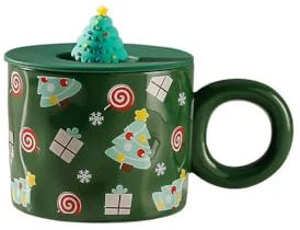 YDoLimmer Keramik Weihnachtstasse Weihnachtsbecher Kaffeetasse mit Deckel für Heiß- & Kaltgetränke Kaffeebecher Porzellanbecher 420ML Teetasse Milchbecher Neujahrsgeschenk (B)