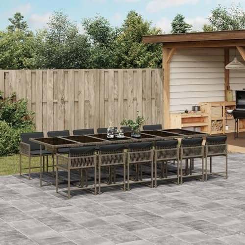 Homgoday 13-TLG. Garten-Essgruppe mit Kissen Gartenmöbel Set Balkonmöbel Sitzgruppe Stühle mit Tisch, Terrassenmöbel Gartenstuhl Gartentisch, Rattanmöbel Gartengarnitur Grau Poly Rattan