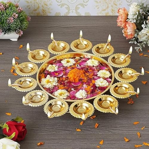Kalakriti 2 Pcs Metal Indian Decorative Urli Bowl Set |Home Table Flower Decoration |Urli Diya Diwali Navratri Pooja HouseWarming Haldi Decor |Return Gifts, 14 Inch Each