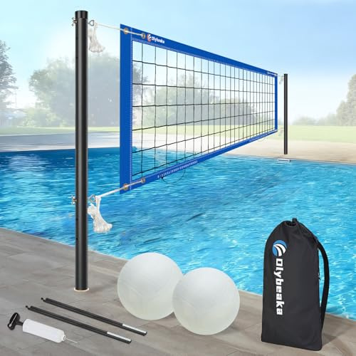 Olybeaka Längen- und höhenverstellbares Pool-Volleyballnetz-Set mit 2 Wasservolleybällen und Tragetasche, einfacher Aufbau ohne Boden und langlebig
