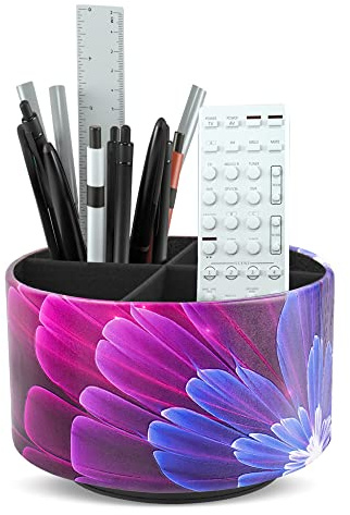 Mtzmy Rund Stiftehalter,Leder,360° drehbar,Fernbedienungshalter, drehbarer Nachttisch, TV-Fernbedienung, Schreibtisch-Organizer für Stifte, Bürobedarf, Aufbewahrungsbox(1-Blaue Fraktalblume)