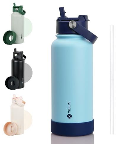 MU LIN borraccia termica 1 litro, borraccia con cannuccia, borraccia sportiva alluminio,thermos grande per bere di piu,Adatto a casa, ufficio, campeggio, palestra/Blu